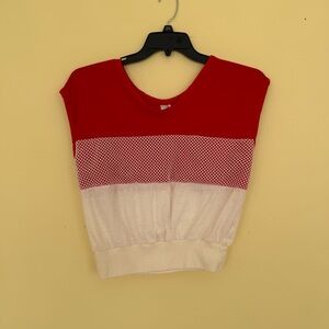 Vintage Red and White Knit Women's Top w Mesh Panel